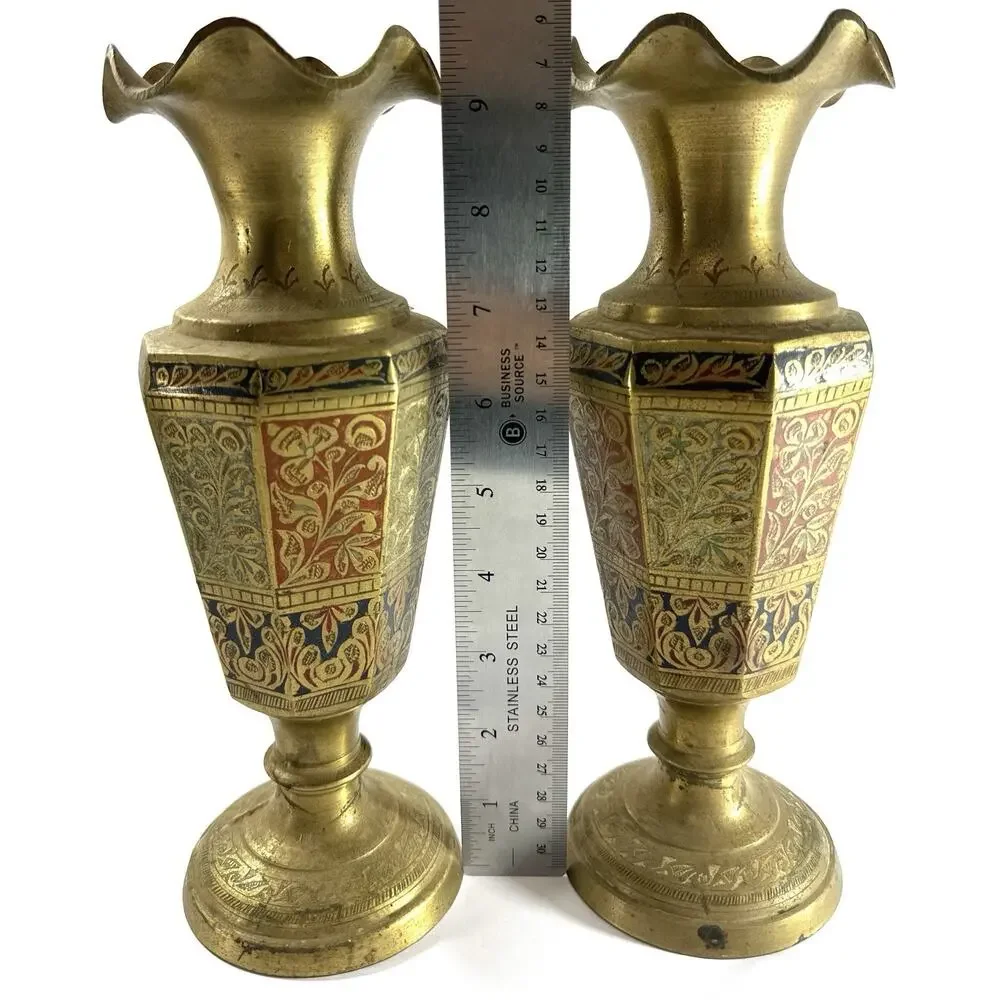 Vintage Indian Brass Enamel Vases 9.5” Pair Hand Etched Floral Boho - Picture 3 of 8